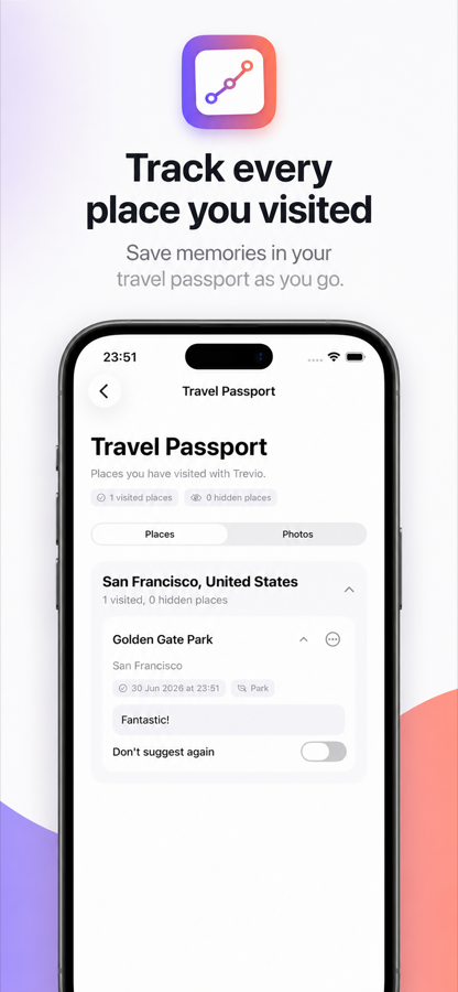 Travel Passport screen with visited places, notes and photos.